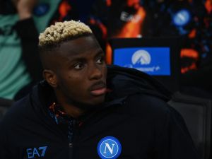Napoli's Nigerian forward #09 Victor Osimhen looks on prior to the Serie A football match between Inter Milan and Napoli at San Siro stadium in Milan, on March 17, 2024. (Photo by Isabella BONOTTO / AFP)