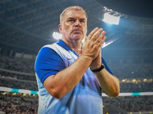 Tottenham's manager Ange Postecoglou celebrates team's victory after an international club friendly football match between Tottenham Hotspur FC and Vissel Kobe at the Japan National Stadium in Tokyo on July 27, 2024. (Photo by Yuichi YAMAZAKI / AFP)