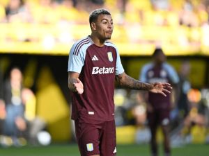 Aston Villa's English midfielder #27 Morgan Rogers reacts during the pre-season friendly club football match between Germany's BVB Borussia Dortmund and England's Aston Villa FC in Dortmund, western Germany on August 10, 2024. (Photo by Ina FASSBENDER / AFP)