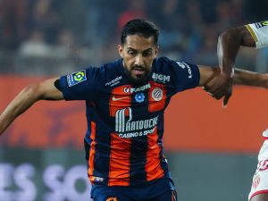 Montpellier's Jordanian forward #09 Mousa Al-Tamari during the French L1 football match between Montpellier Herault SC and AS Monaco at Stade de la Mosson in Montpellier, southern France, on May 12, 2024. (Photo by Pascal GUYOT / AFP)
