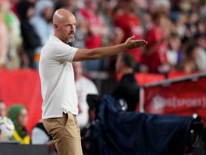 Head coach Erik ten Hag pf Manchester United watches his team play against Liverpool during a pre-season friendly match at Williams-Brice Stadium on August 03, 2024 in Columbia, South Carolina. Grant Halverson/Getty Images/AFP (Photo by GRANT HALVERSON / GETTY IMAGES NORTH AMERICA / Getty Images via AFP)