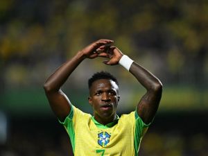 Brazil's winger Vinicius Junior reacts during the 2026 FIFA World Cup South American qualifiers football match between Brazil and Ecuador, at the Major Antônio Couto Pereira stadium in Curitiba, Brazil, on September 6, 2024. (Photo by Mauro PIMENTEL / AFP)