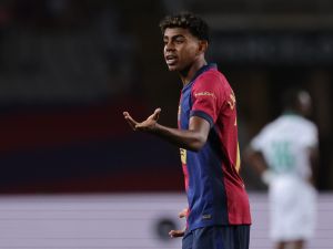 Barcelona's Spanish forward #19 Lamine Yamal reacts during the Spanish league football match between FC Barcelona and Getafe CF at the Estadi Olimpic Lluis Companys in Barcelona on September 25, 2024. (Photo by LLUIS GENE / AFP)