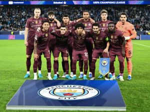 Manchester City's players pose for a team photo prior to the UEFA Champions League football match between SK Slovan Bratislava and Manchester City in Bratislava, Slovakia on October 1, 2024. (Photo by Joe Klamar / AFP)