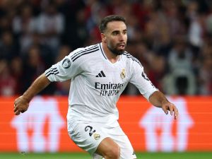Real Madrid's Spanish defender #02 Dani Carvajal controls the ball duing the UEFA Champions League football match between Lille LOSC and Real Madrid at the Pierre Mauroy Stadium in Villeneuve-d'Ascq, northern France, on October 2, 2024. (Photo by FRANCK FIFE / AFP)