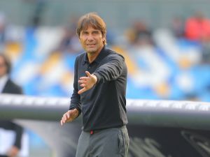 Napoli's Italian coach Antonio Conte reacts during the Italian Serie A football match between Napoli and Lecce at the Diego Armando Maradona stadium in Naples on October 26, 2024. (Photo by CARLO HERMANN / AFP)