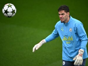 Manchester City's Brazilian goalkeeper #31 Ederson attends a team training session at Manchester City's training ground, in Manchester, north-west England, on September 30, 2024, on the eve of their UEFA Champions League 1st round day 2 football match against Slovan Bratislava. (Photo by Paul ELLIS / AFP)