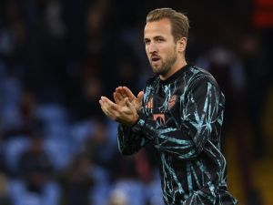 Bayern Munich's English forward #09 Harry Kane reacts ahead of the UEFA Champions League league stage football match between Aston Villa and Bayern Munich at Villa Park in Birmingham, central England on October 2, 2024. (Photo by Darren Staples / AFP)
