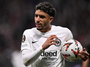 Frankfurt's Egyptian forward #07 Omar Marmoush reacts during the UEFA Europa League football match between Eintracht Frankfurt and FK RFS in Frankfurt am Main, western Germany on October 24, 2024. (Photo by Kirill KUDRYAVTSEV / AFP)