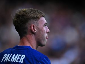 Chelsea's English midfielder #20 Cole Palmer reacts during the pre-season friendly football match between Chelsea and Inter Milan at the Stamford Bridge stadium in London on August 11, 2024. (Photo by JUSTIN TALLIS / AFP)