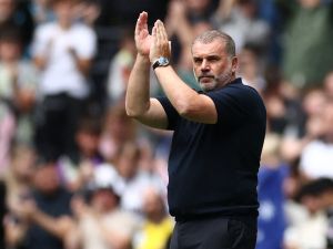 Tottenham Hotspur's Greek-Australian Head Coach Ange Postecoglou is introduced ahead of the pre-season friendly football match between Tottenham Hotspur and Shakhtar Donetsk at the Tottenham Hotspur Stadium, in London, on August 6, 2023. (Photo by HENRY NICHOLLS / AFP)