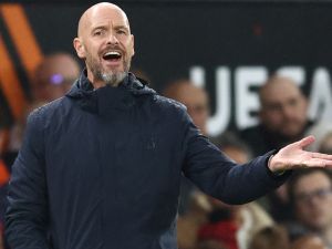 Manchester United's Dutch manager Erik ten Hag reacts during the UEFA Europa league stage football match between Manchester United and FC Twente at Old Trafford stadium in Manchester, north west England, on September 25, 2024. (Photo by Darren Staples / AFP)