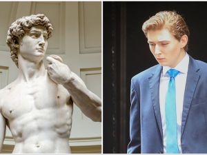 Barron Trump and Michelangelo's sculpture look "identical" causing buzz on social media. (Shutterstock/Instagram) Barron Trump and Michelangelo's sculpture