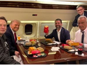 President-elect Donald Trump, Elon Musk, Donald Trump Jr. and Robert F. Kennedy Jr. (RFK Jr.) eating McDonald's on a plane. (Donald Trump Jr./X) President-elect Donald Trump, Elon Musk, Donald Trump Jr. and Robert F. Kennedy Jr. (RFK Jr.) eating McDonald's on a plane. (Donald Trump Jr./X)