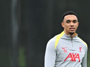 Liverpool's English defender #66 Trent Alexander-Arnold takes part in a training session, at the AXA training centre in Liverpool, north west England, on November 4, 2024, on the eve of their UEFA Champions League football match against Bayer Leverkusen. (Photo by Paul ELLIS / AFP)