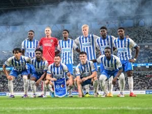 Brighton’s players pose for photographs prior to an international club friendly football match between Brighton and Hove Albion FC and Kashima antlers FC at the Japan National Stadium in Tokyo on July 24, 2024. (Photo by Yuichi YAMAZAKI / AFP)