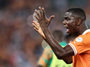 Ivory Coast's defender #2 Ousmane Diomande reacts during the Africa Cup of Nations (CAN) 2024 group A football match between Ivory Coast and Guinea-Bissau at the Alassane Ouattara Olympic Stadium in Ebimpe, Abidjan, on January 13, 2024. (Photo by FRANCK FIFE / AFP)