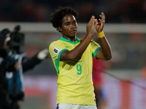 Brazil's forward Endrick celebrates after winning the 2026 FIFA World Cup South American qualifiers football match between Chile and Brazil, at the National stadium in Santiago, on October 10, 2024. (Photo by Javier TORRES / AFP)