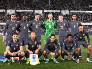 England's team poses for a group photo prior to the UEFA Nations League, League B Group B2 football match Finland vs England at the Olympic Stadium in Helsinki, Finland, on October 13, 2024. (Photo by Jonathan NACKSTRAND / AFP)