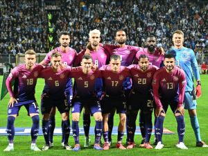 Germany's players pose prior to the UEFA Nations League, League A - Group 3, football match between Bosnia and Herzegovina and Germany at the Bilino Polje Stadium in Zenica, on October 11, 2024. (Photo by Elvis Barukcic / AFP)