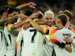 Germany's midfielder #07 Kai Havertz (C) celebrates with teammates after scoring the 5-0 penalty goal during the League A Group A3 football match of the UEFA Nations League between Germany and Hungary in in Duesseldorf, western Germany, on September 7, 2024. (Photo by John MACDOUGALL / AFP)