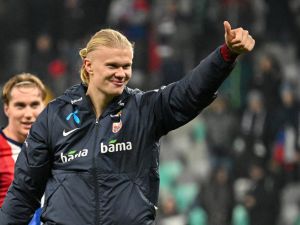 Norway's forward #09 Erling Braut Haaland gives a thumbs up as he celebrates after winning the UEFA Nations League, League B, Group 3 football match between Slovenia and Norway, at the Stozice Stadium in Ljubljana, on November 14, 2024. (Photo by Jure Makovec / AFP)