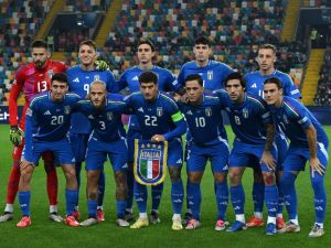 Italy's team at the Friuli stadium in Udine, on October 14, 2024. (Photo by Tiziana FABI / AFP)