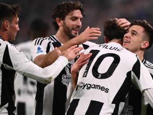 Juventus Turkish forward #10 Kenan Yildiz celebrates with Juventus’ Portuguese forward #07 Francisco Conceicao after scoring a goal during the Italian Serie A football match between Juventus and Torino at the "Allianz Stadium" in Turin, on November 9, 2024. (Photo by MARCO BERTORELLO / AFP)