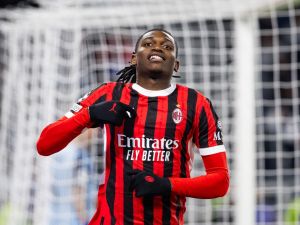 AC Milan's Portuguese forward #10 Rafael Leao celebrates scoring during the UEFA Champions League football match SK Slovan Bratislava vs AC Milan in Bratislava, Slovakia on November 26, 2024. (Photo by -STR / AFP)