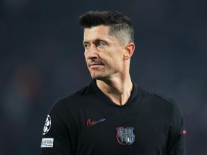 Barcelona's Polish forward #09 Robert Lewandowski looks on during the UEFA Champions League, League phase - Matchday 4 football match between Crvena Zvezda Beograd and FC Barcelona, at the Rajko-Mitic Stadium, in Belgrade, on November 6, 2024. (Photo by Pedja Milosavljevic / AFP)