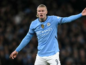 Manchester City's Norwegian striker #09 Erling Haaland during the UEFA Champions League football match between Manchester City and Sparta Prague at the Etihad Stadium in Manchester, north west England, on October 23, 2024. (Photo by Paul ELLIS / AFP)
