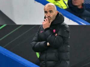Chelsea's Italian head coach Enzo Maresca reacts during the UEFA Europa Conference League, League Stage football match between Chelsea and FC Noah at Stamford Bridge in London on November 7, 2024. Chelsea won the match 8-0. (Photo by Glyn KIRK / AFP)