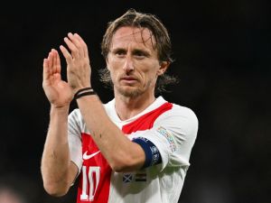 Croatia's midfielder #10 Luka Modric applauds at the end of the UEFA Nations League, League A, Group 1 football match between Scotland and Croatia at Hampden Park Stadium, in Glasgow, on November 15, 2024. Scotland wins 1 - 0 against Croatia. (Photo by ANDY BUCHANAN / AFP)