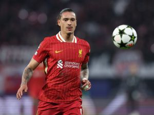 Liverpool's Uruguayan striker #09 Darwin Nunez eyes the ball during the UEFA Champions League football match between RB Leipzig and Liverpool FC in Leipzig, eastern Germany on October 23, 2024. (Photo by Ronny HARTMANN / AFP)