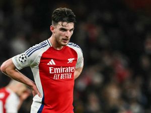 Arsenal's English midfielder #41 Declan Rice reacts at the end of the UEFA Champions League football match between Arsenal and Shakhtar Donetsk at the Emirates Stadium in north London on October 22, 2024. Arsenal wins 1 - 0 against Shakhtar Donetsk. (Photo by Glyn KIRK / AFP)