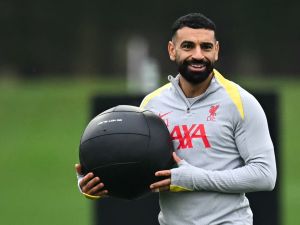 Liverpool's Egyptian striker #11 Mohamed Salah takes part in a training session, at the AXA training centre in Liverpool, north west England, on November 4, 2024, on the eve of their UEFA Champions League football match against Bayer Leverkusen. (Photo by Paul ELLIS / AFP)
