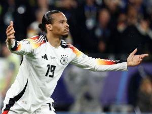 Germany's midfielder #19 Leroy Sane reacts during the UEFA Euro 2024 round of 16 football match between Germany and Denmark at the BVB Stadion Dortmund in Dortmund on June 29, 2024. (Photo by KENZO TRIBOUILLARD / AFP)