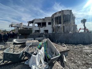 damaged building at a site hit by a missile attack 