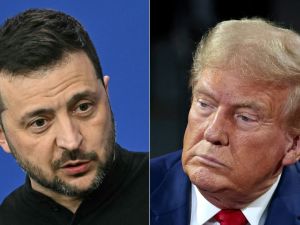 This combination of pictures created on November 07, 2024 shows Ukraine's President Volodymyr Zelensky (l) gives a press conference at the European Political Community Summit in Budapest, Hungary, on November 7, 2024, and former US President and Republican presidential candidate Donald Trump (R) attends a town hall meeting moderated by Arkansas Governor Sarah Huckabee Sanders at the Dort Financial Center in Flint, Michigan, on September 17, 2024. (Photo by Attila KISBENEDEK and JEFF KOWALSKY / AFP) Zelensky, Donald Trump