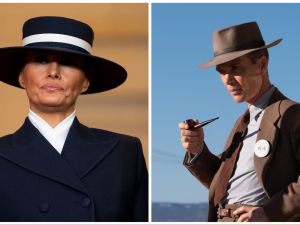 (L) First lady Melania Trump. Greg Nash-Pool/Getty Images/AFP // (R) Cillian Murphy while playing in Oppenheimer movie. (IMDB) First lady Melania Trump