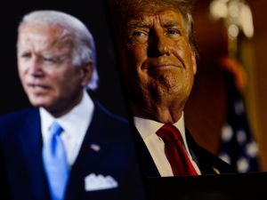 US President Donald Trump takes center stage in the background and former US President Joe Biden blurs out in the background. (Shutterstock) Donald Trump, META AI Chatbot