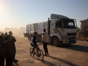 Since a ceasefire in the war in Gaza took effect on January 19, truckloads of aid have been allowed into the war-ravaged Palestinian territory. (Photo by Eyad BABA / AFP)