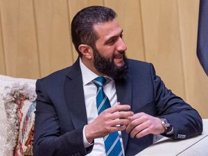 This handout picture provided by the media office of Syria's transitional government shows Syrian interim president, Ahmed al-Sharaa, during a meeting with Saudi Arabia's crown prince in Riyadh on February 2, 2025. "AFP PHOTO / SYRIA'S TRANSITIONAL GOVERNMENT" Ahmed al-Sharaa