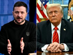 This combination of pictures created on February 19, 2025 shows, L-R, Ukraine's President Volodymyr Zelensky in Brussels on December 19, 2024 and US President Donald Trump in Washington, DC, on February 10, 2025. US President Donald Trump called Ukrainian leader Volodymyr Zelensky a "dictator without elections" on February 19, 2025, stepping up his attacks as tensions soar between Kyiv and Washington. (Photo by JOHN THYS and ANDREW CABALLERO-REYNOLDS / AFP)