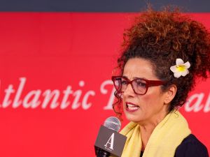 Masih Alinejad speaks on stage during the "Foreshadowing From Abroad" panel for The Atlantic Festival 2024 on September 20, 2024 in Washington, DC. Jemal Countess/Getty Images for The Atlantic/AFP Masih Alinejad