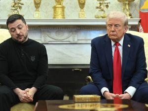 US President Donald Trump and Ukraine's President Volodymyr Zelensky meet in the Oval Office of the White House in Washington, DC, February 28, 2025. Zelensky and Trump openly clashed in the White House on February 28. (Photo by SAUL LOEB / AFP) US President Donald Trump