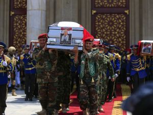 Yemeni honor guard carry the coffins of Prime Minister of Yemen's Houthi-led government Ahmed Ghaleb Al-Rahwi and other officials killed in an Israeli strike days earlier, during a funeral procession in Sanaa on September 1, 2025. AFP Houthis confirm death of Chief of Staff amid speculation over Israeli strikes