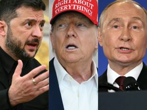 This combination of pictures created on August 22, 2025 shows L-R, Ukrainian President Volodymyr Zelensky in Washington, DC, on August 18, 2025, US President Donald Trump on August 22, 2025, in Washington, DC, and Russian President Vladimir Putin in Anchorage, Alaska, on August 15, 2025. AFP Trump announces Budapest summit with Putin to end Ukraine war