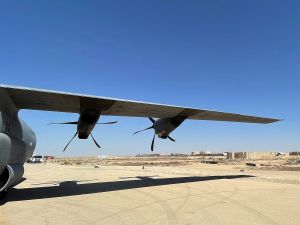 This picture taken on July 8, 2021 shows a view of the wing of a C-130 Hercules turboprop military transport aircraft on the runway at Ain al-Assad air base, which hosts US forces in Iraq in the western Anbar province, a day after fourteen rockets were fired at the base. Fourteen rockets were fired on July 7 at an air base hosting American troops in the western province of Anbar, causing minor injuries to two personnel, the coalition said. AFP Iraq keeps limited U.S. advisers as most American troops shift to Kurdistan
