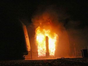 In this image released by the US Department of Defense the guided-missile cruiser USS Monterey fires a Tomahawk land attack missile on April 14, 2018. The United States, Britain and France carried out a wave of pre-dawn strikes against Syria's regime Saturday in response to a suspected chemical weapons attack, lighting up the sky of Damascus as explosions shook the city. (Photo by Matthew DANIELS / US Department of Defense / AFP) White house pulls back: Trump freezes tomahawk deal after Moscow’s nuclear threats
